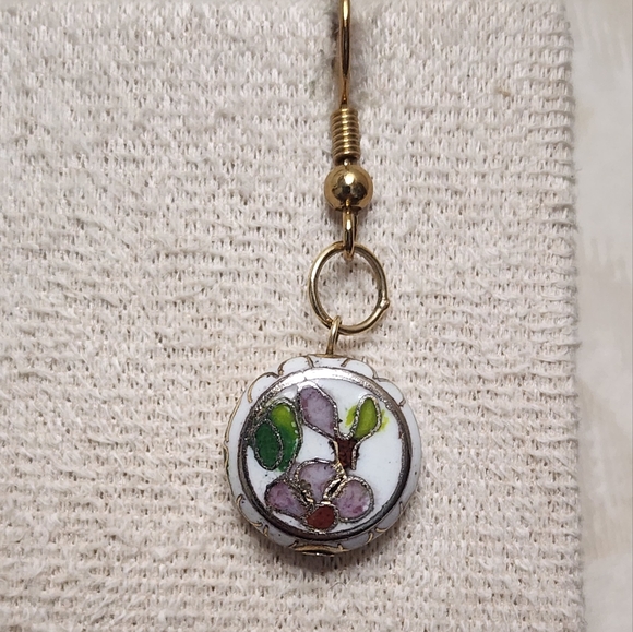 VINTAGE 80S PORCELAIN HANDPAINTED CLOISONNÉ STYLE DROP EARRINGS FLORAL ART - Picture 2 of 5